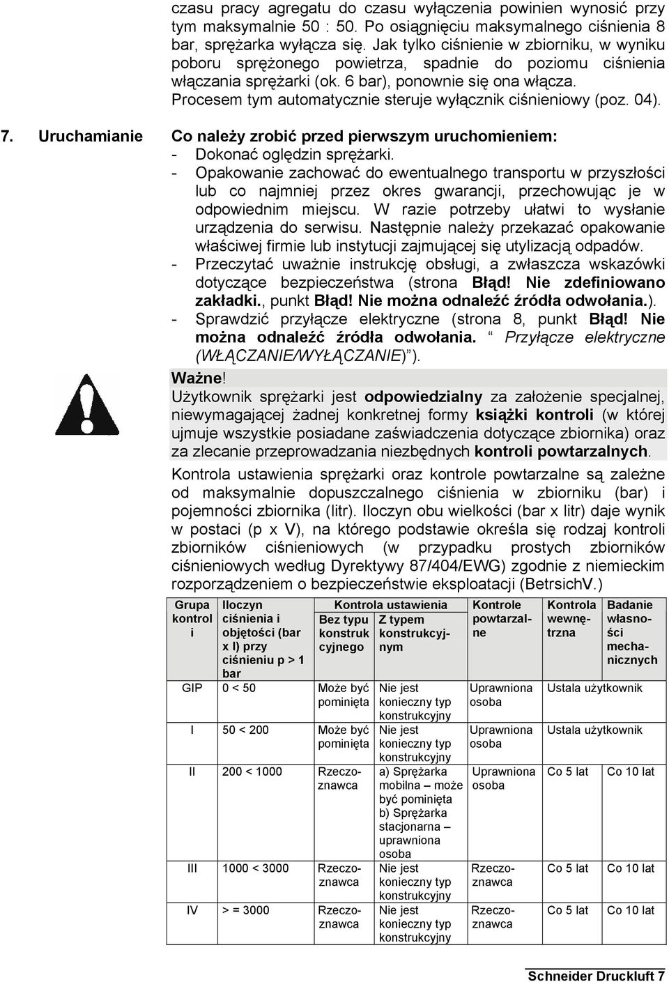 Procesem tym automatycznie steruje wyłącznik ciśnieniowy (poz. 04). 7. Uruchamianie Co należy zrobić przed pierwszym uruchomieniem: - Dokonać oględzin sprężarki.