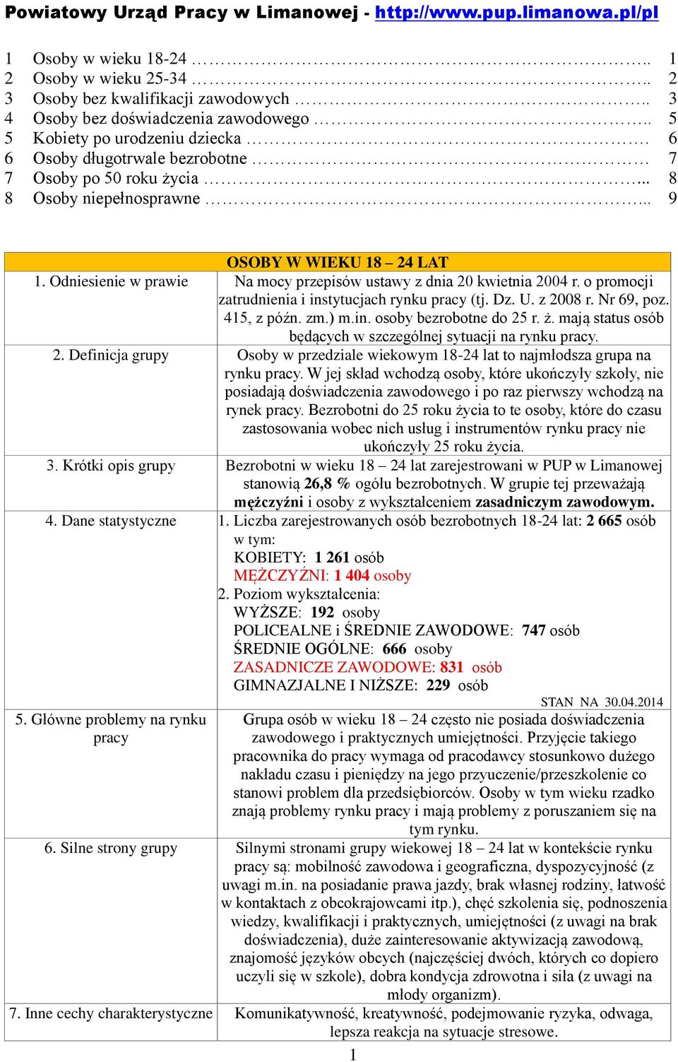 z 2008 r. Nr 69, poz. 415, z późn. zm.) m.in. osoby bezrobotne do 25 r. ż. mają status osób będących w szczególnej sytuacji na rynku. 2. Definicja grupy Osoby w przedziale wiekowym 18-24 lat to najmłodsza grupa na rynku.