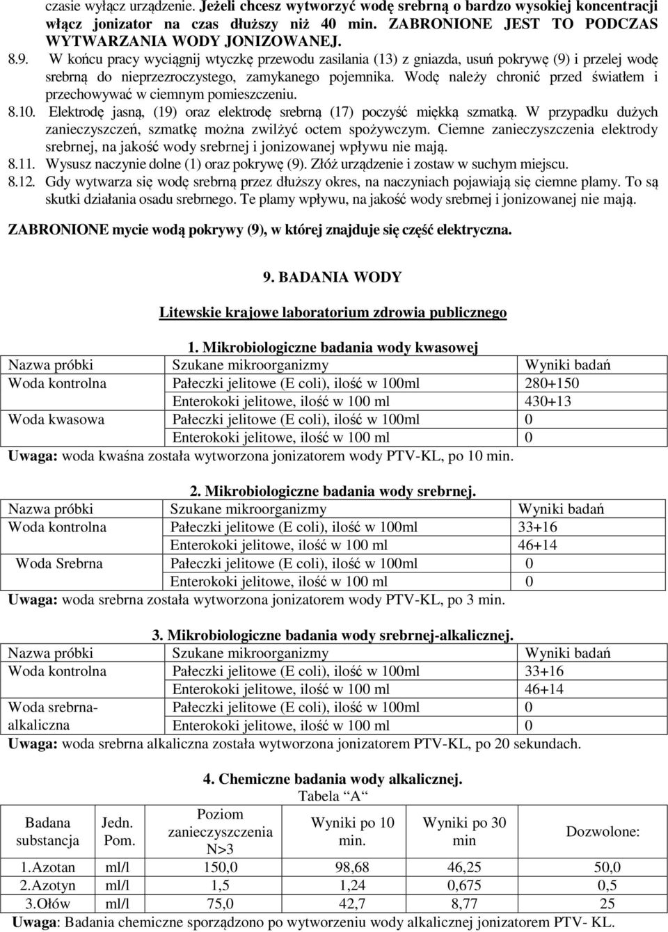 Wodę należy chronić przed światłem i przechowywać w ciemnym pomieszczeniu. 8.10. Elektrodę jasną, (19) oraz elektrodę srebrną (17) poczyść miękką szmatką.