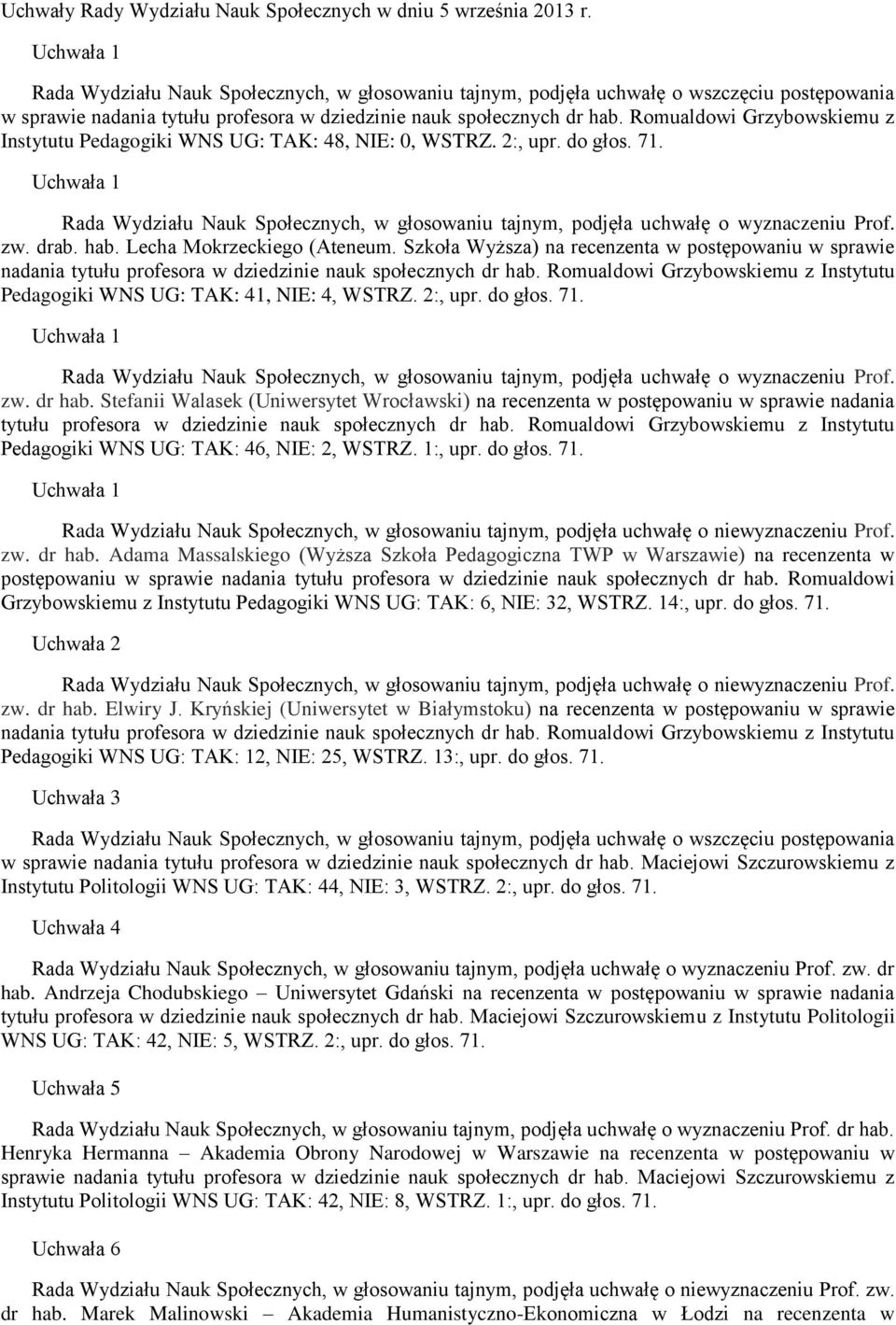Romualdowi Grzybowskiemu z Instytutu Pedagogiki WNS UG: TAK: 48, NIE: 0, WSTRZ. 2:, upr. do głos. 71. Uchwała 1 zw. drab. hab. Lecha Mokrzeckiego (Ateneum.