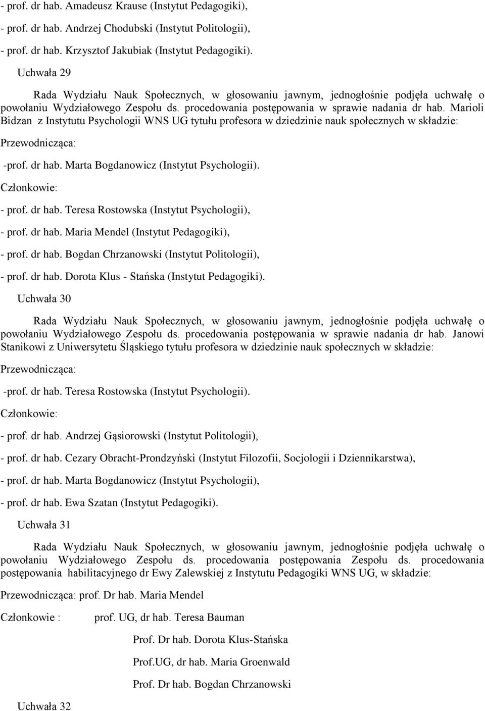 Marioli Bidzan z Instytutu Psychologii WNS UG tytułu profesora w dziedzinie nauk społecznych w składzie: Przewodnicząca: -prof. dr hab. Marta Bogdanowicz (Instytut Psychologii). Członkowie: - prof.