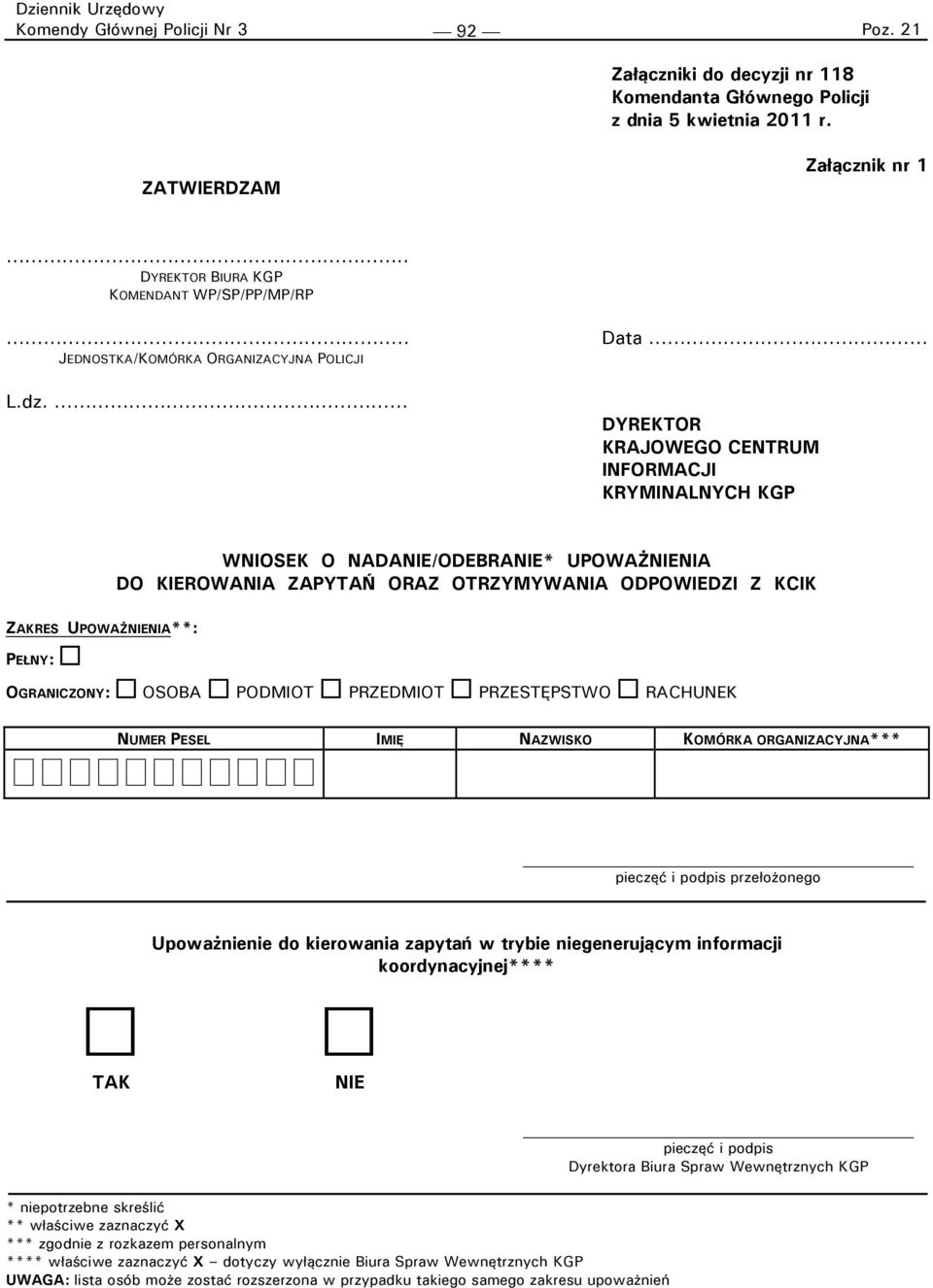 DYREKTOR KRAJOWEGO CENTRUM INFORMACJI KRYMINALNYCH KGP WNIOSEK O NADANIE/ODEBRANIE* UPOWAŻNIENIA DO KIEROWANIA ZAPYTAŃ ORAZ OTRZYMYWANIA ODPOWIEDZI Z KCIK ZAKRES UPOWAŻNIENIA**: PEŁNY: OGRANICZONY: