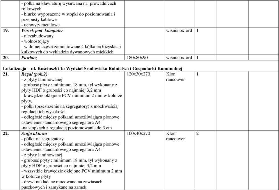 Pawlacz 180x80x90 wiśnia oxford 1 Lokalizacja ul. Kościuszki 1a Wydział Środowiska Rolnictwa i Gospodarki Komunalnej 21. Regał (pok.