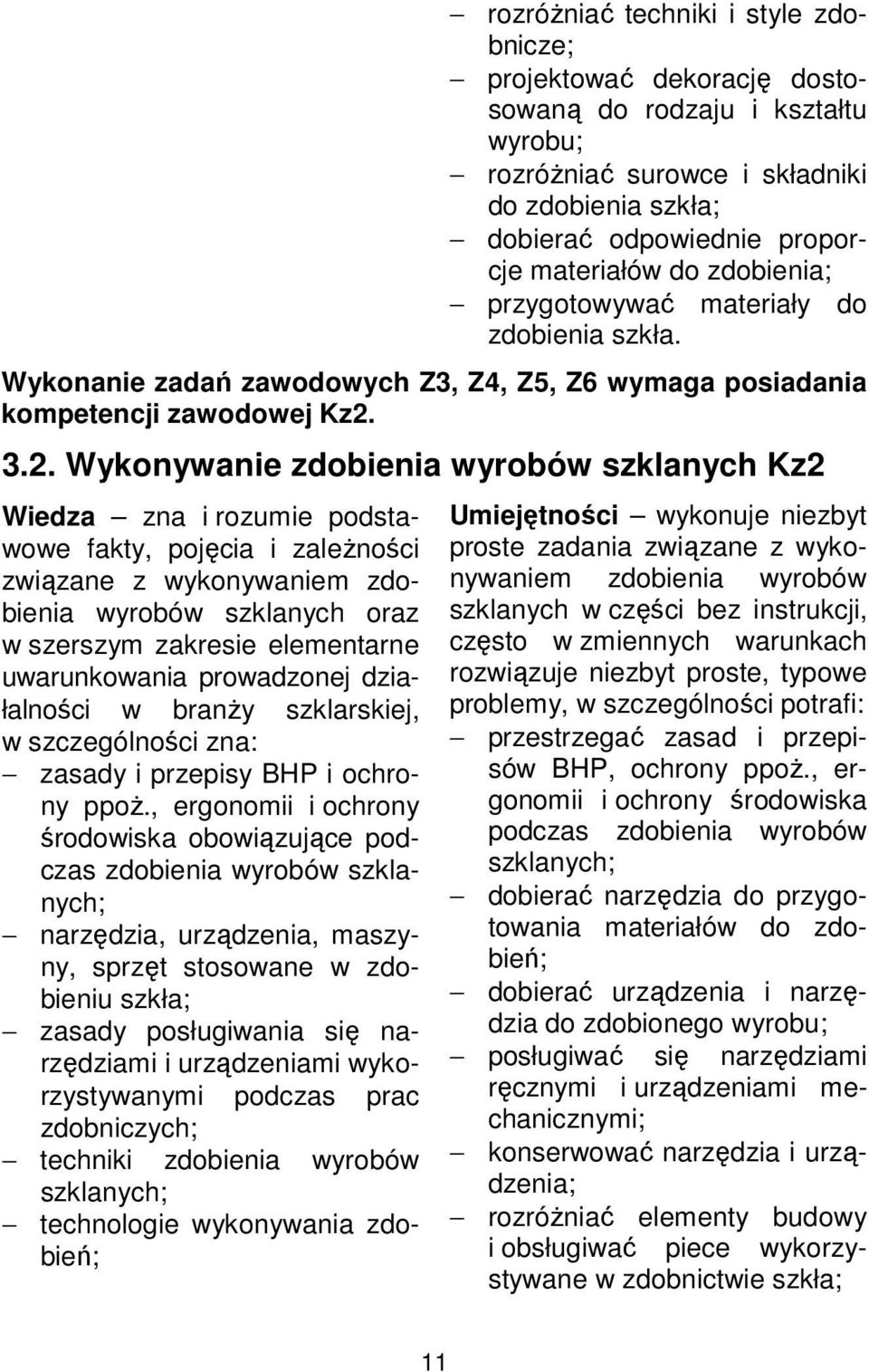 3.2. Wykonywanie zdobienia wyrobów szklanych Kz2 Wiedza zna i rozumie podstawowe fakty, pojęcia i zależności związane z wykonywaniem zdobienia wyrobów szklanych oraz w szerszym zakresie elementarne