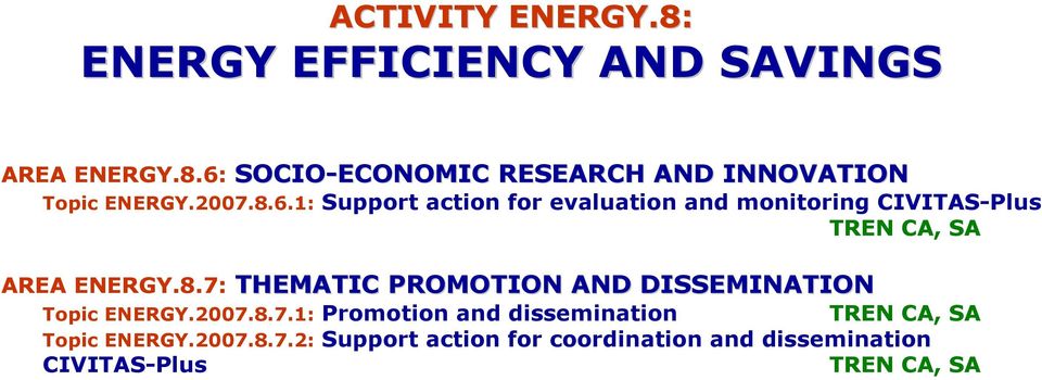 2007.8.7.1: Promotion and dissemination TREN CA, SA Topic ENERGY.2007.8.7.2: Support action for coordination and dissemination CIVITAS-Plus TREN CA, SA