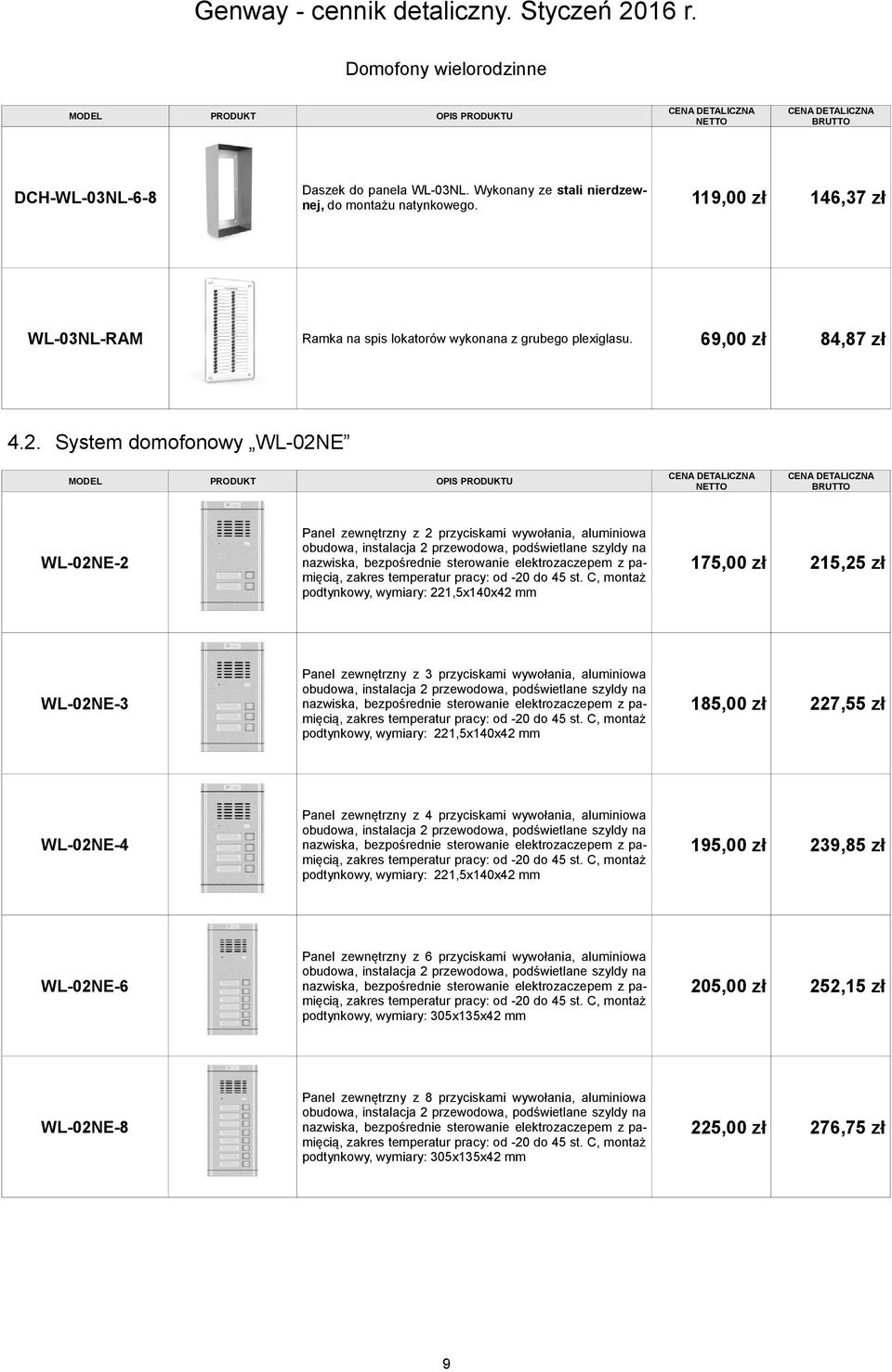 System domofonowy WL-02NE WL-02NE-2 Panel zewnętrzny z 2 przyciskami wywołania, aluminiowa obudowa, instalacja 2 przewodowa, podświetlane szyldy na nazwiska, bezpośrednie sterowanie elektrozaczepem z