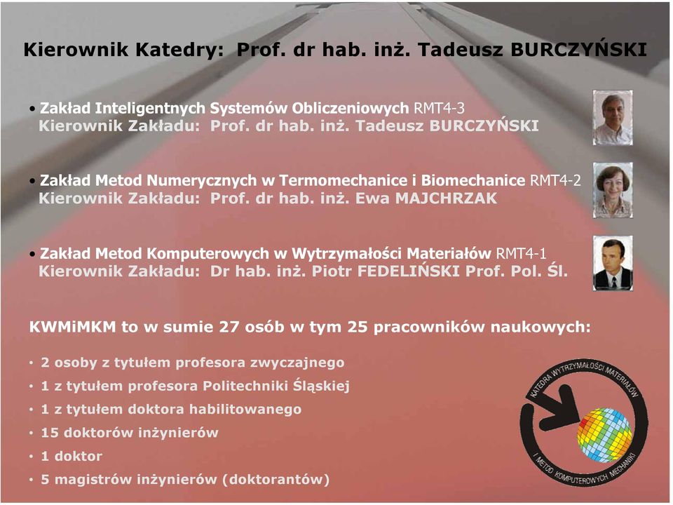 KWMiMKM to w sumie 27 osób w tym 25 pracowników naukowych: 2 osoby z tytułem profesora zwyczajnego 1 z tytułem profesora Politechniki Śląskiej 1 z tytułem doktora