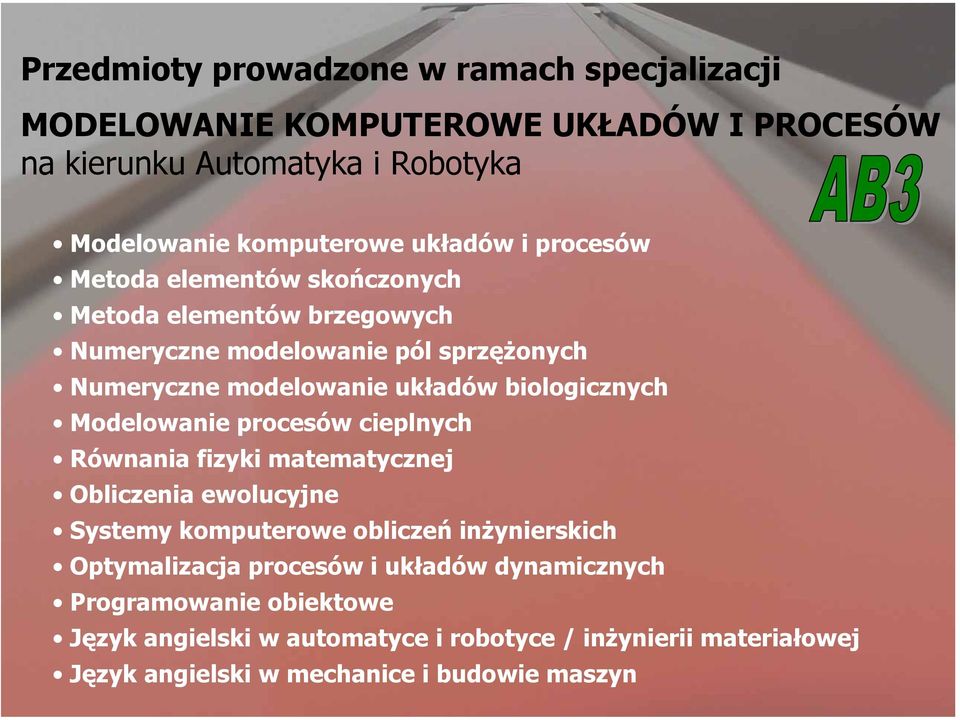 biologicznych Modelowanie procesów cieplnych Równania fizyki matematycznej Obliczenia ewolucyjne Systemy komputerowe obliczeń inżynierskich