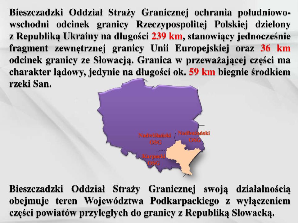 Granica w przeważającej części ma charakter lądowy, jedynie na długości ok. 59 km biegnie środkiem rzeki San.