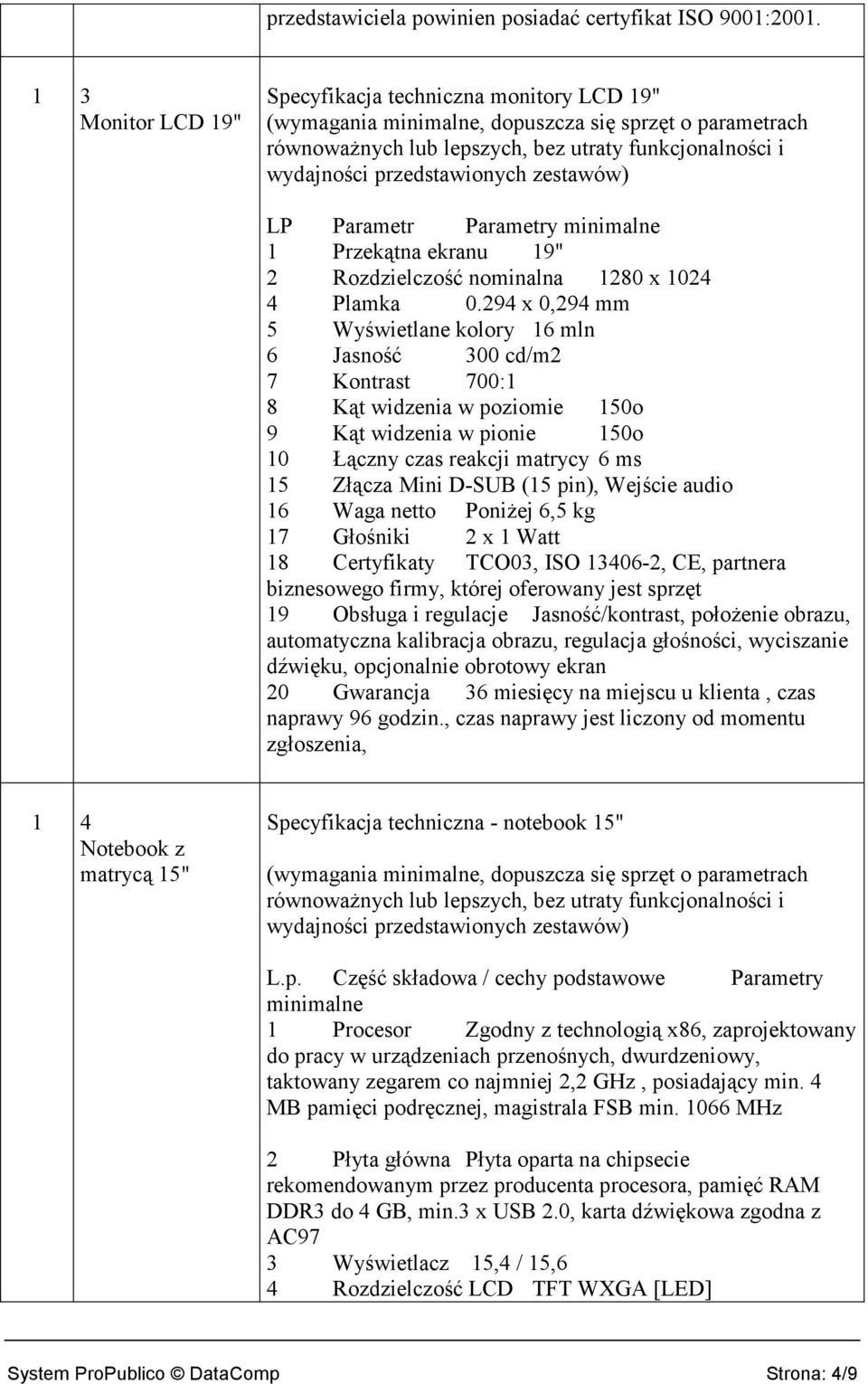 ekranu 19" 2 Rozdzielczość nominalna 1280 x 1024 4 Plamka 0.