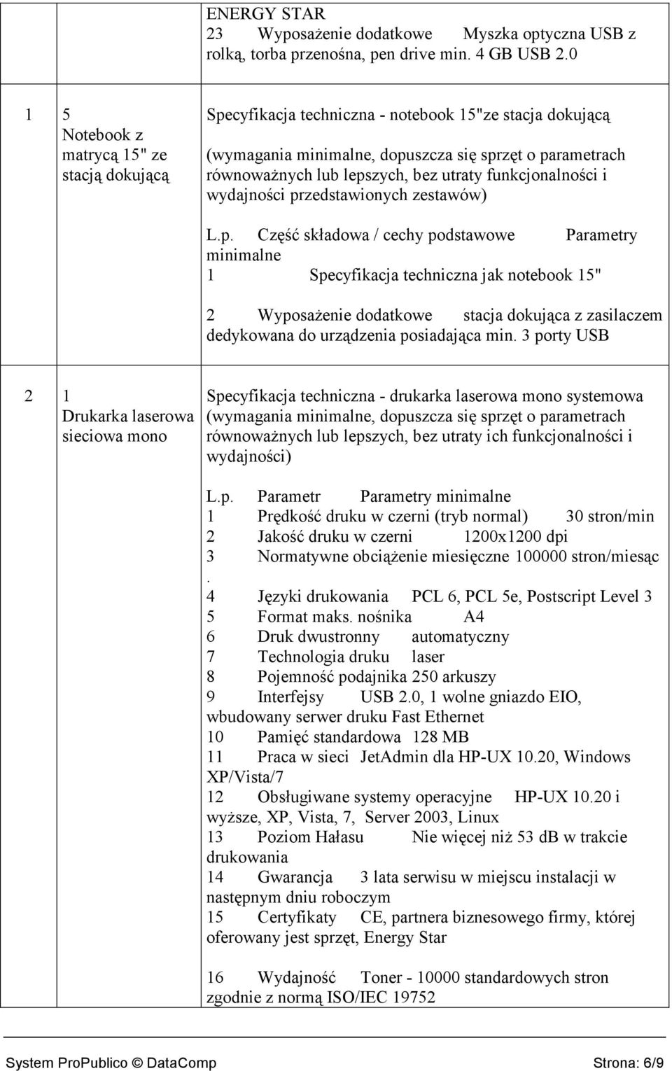 p. Część składowa / cechy podstawowe Parametry minimalne 1 Specyfikacja techniczna jak notebook 15" 2 WyposaŜenie dodatkowe stacja dokująca z zasilaczem dedykowana do urządzenia posiadająca min.
