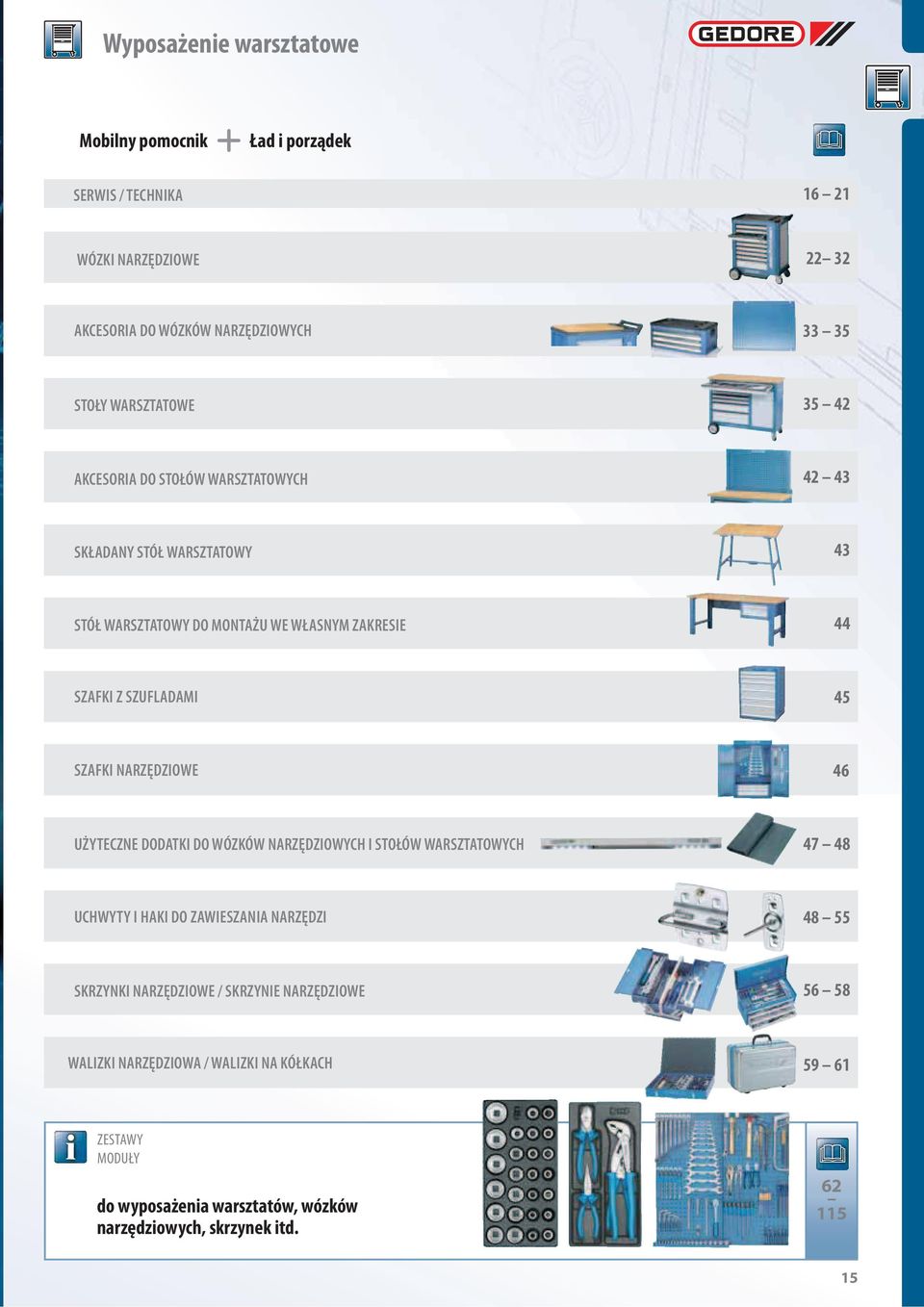 45 SZAFKI NARZĘDZIOWE 46 UŻYTECZNE DODATKI DO WÓZKÓW NARZĘDZIOWYCH I STOŁÓW WARSZTATOWYCH 47 48 UCHWYTY I HAKI DO ZAWIESZANIA NARZĘDZI 48 55 SKRZYNKI