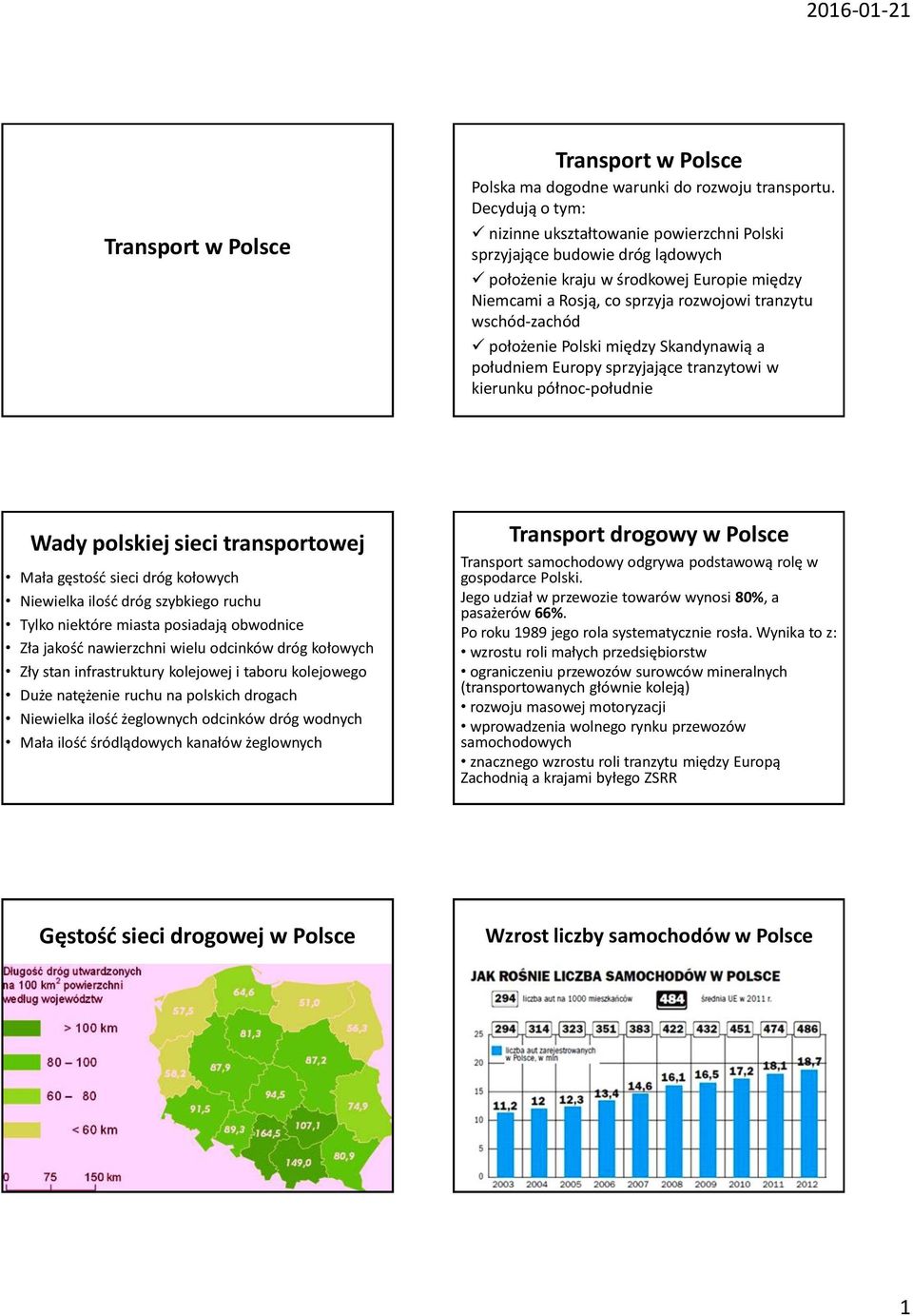 położenie Polski między Skandynawią a południem Europy sprzyjające tranzytowi w kierunku północ-południe Wady polskiej sieci transportowej Mała gęstość sieci dróg kołowych Niewielka ilość dróg