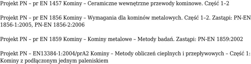 Zastąpi: PN-EN 1856-1:2005, PN-EN 1856-2:2006 Projekt PN pr EN 1859 Kominy Kominy metalowe Metody