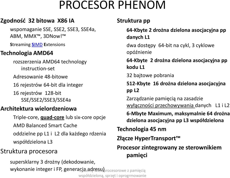wielordzeniowa PROCESOR PHENOM Triple-core, quad-corelub six-coreopcje AMD Balanced Smart Cache oddzielne ppl1 i L2 dla każdego rdzenia współdzielona L3 Struktura procesora supersklarny3 drożny