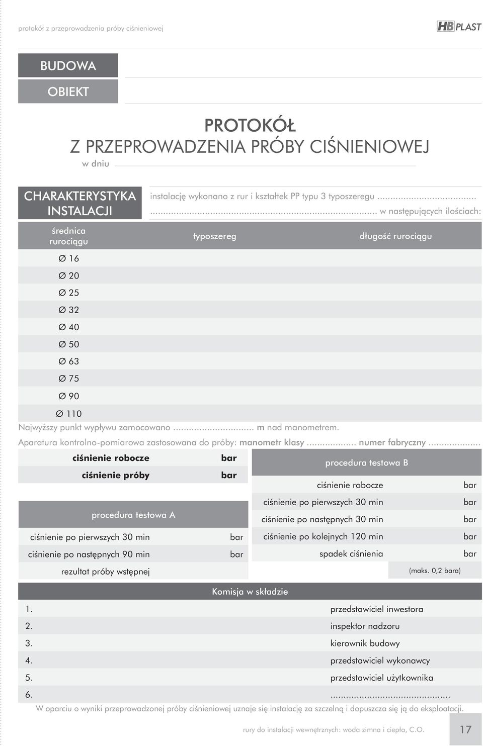 Aparatura kontrolno-pomiarowa zastosowana do próby: manometr klasy... numer fabryczny.