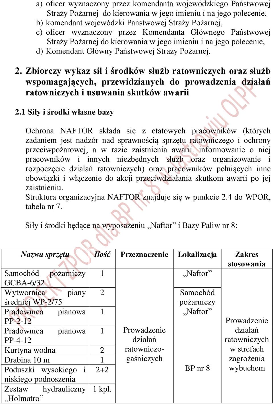 Zbiorczy wykaz sił i środków służb ratowniczych oraz służb wspomagających, przewidzianych do prowadzenia działań ratowniczych i usuwania skutków awarii 2.