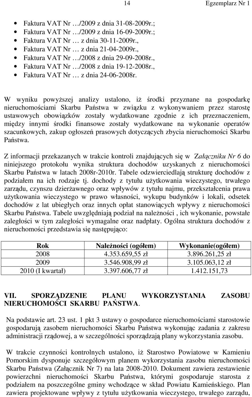 W wyniku powyższej analizy ustalono, iż środki przyznane na gospodarkę nieruchomościami Skarbu Państwa w związku z wykonywaniem przez starostę ustawowych obowiązków zostały wydatkowane zgodnie z ich