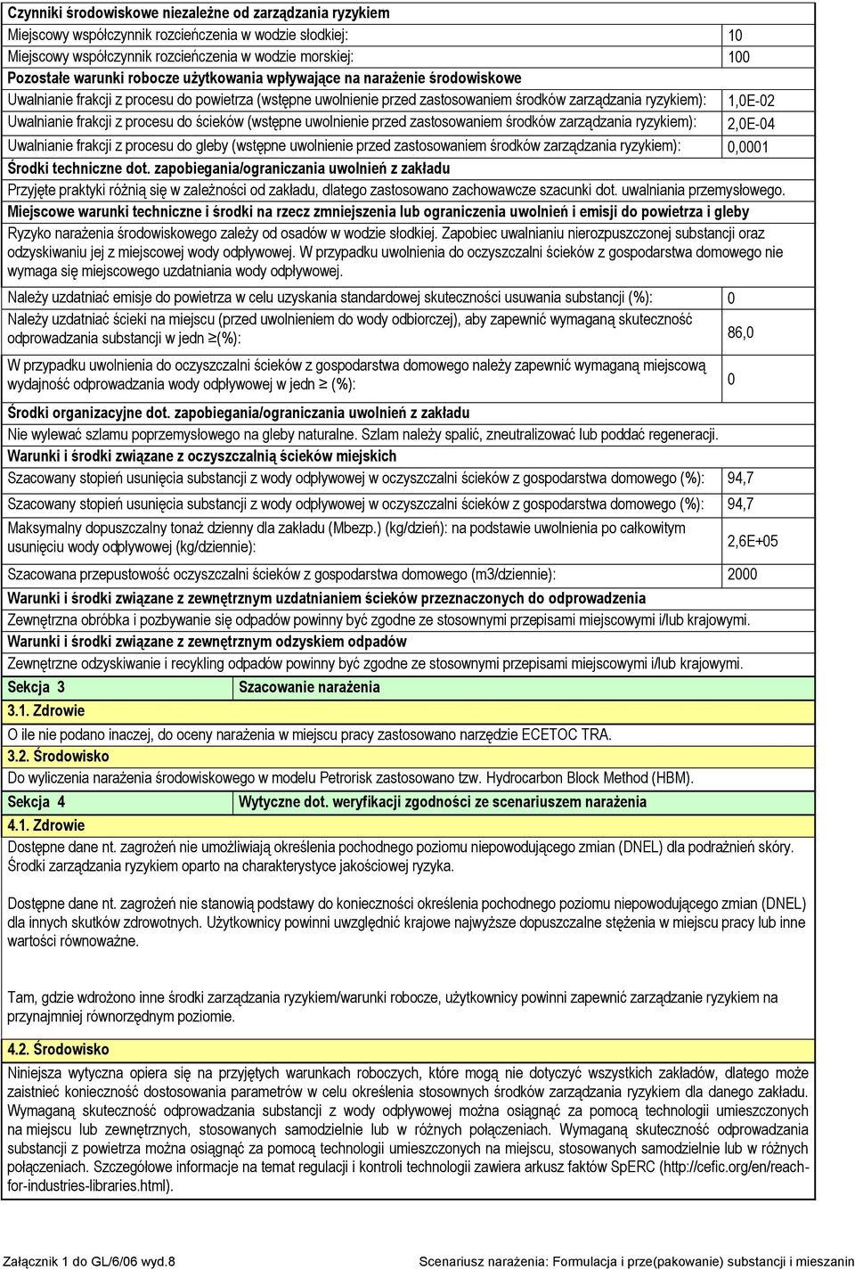 procesu do ścieków (wstępne uwolnienie przed zastosowaniem środków zarządzania ryzykiem): 2,0E-04 Uwalnianie frakcji z procesu do gleby (wstępne uwolnienie przed zastosowaniem środków zarządzania