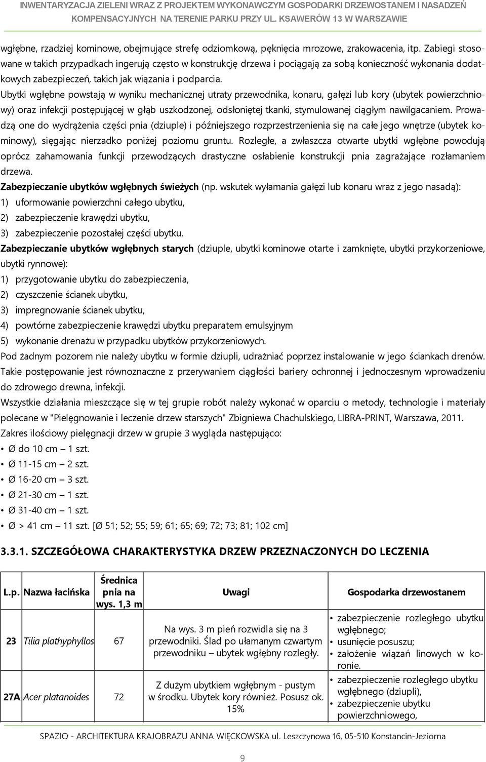 Zabiegi stosowane w takich przypadkach ingerują często w konstrukcję drzewa i pociągają za sobą konieczność wykonania dodatkowych zabezpieczeń, takich jak wiązania i podparcia.