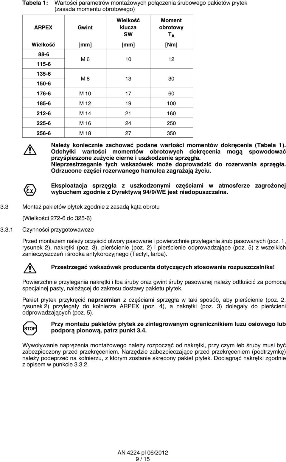 Odchyłki wartości momentów obrotowych dokręcenia mogą spowodować przyśpieszone zużycie cierne i uszkodzenie sprzęgła. Nieprzestrzeganie tych wskazówek może doprowadzić do rozerwania sprzęgła.