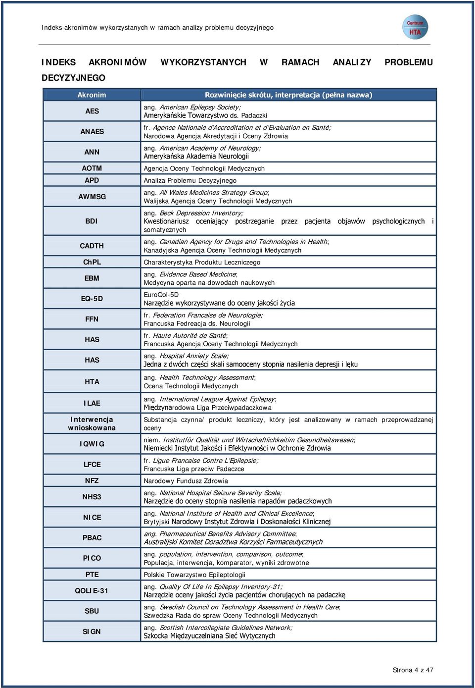 American Epilepsy Society; Amerykańskie Towarzystwo ds. Padaczki fr. Agence Nationale d Accreditation et d Evaluation en Santé; Narodowa Agencja Akredytacji i Oceny Zdrowia ang.