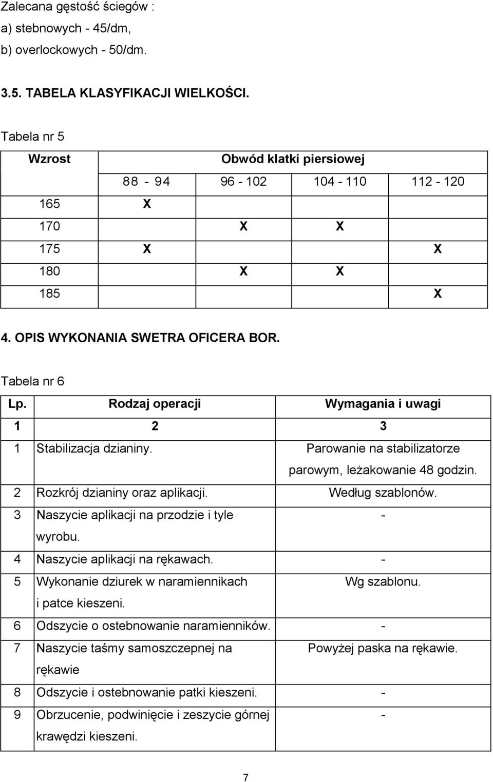 Rodzaj operacji Wymagania i uwagi 1 2 3 1 Stabilizacja dzianiny. Parowanie na stabilizatorze parowym, leŝakowanie 48 godzin. 2 Rozkrój dzianiny oraz aplikacji. Według szablonów.