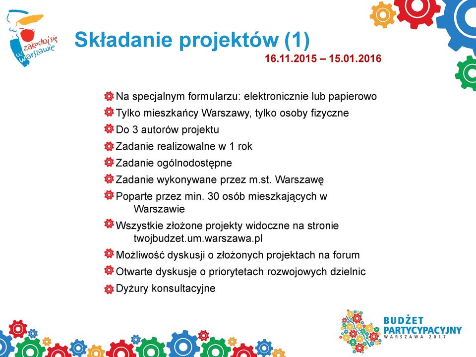 2016 Na specjalnym formularzu: elektronicznie lub papierowo Tylko mieszkańcy Warszawy, tylko osoby fizyczne Do 3 autorów