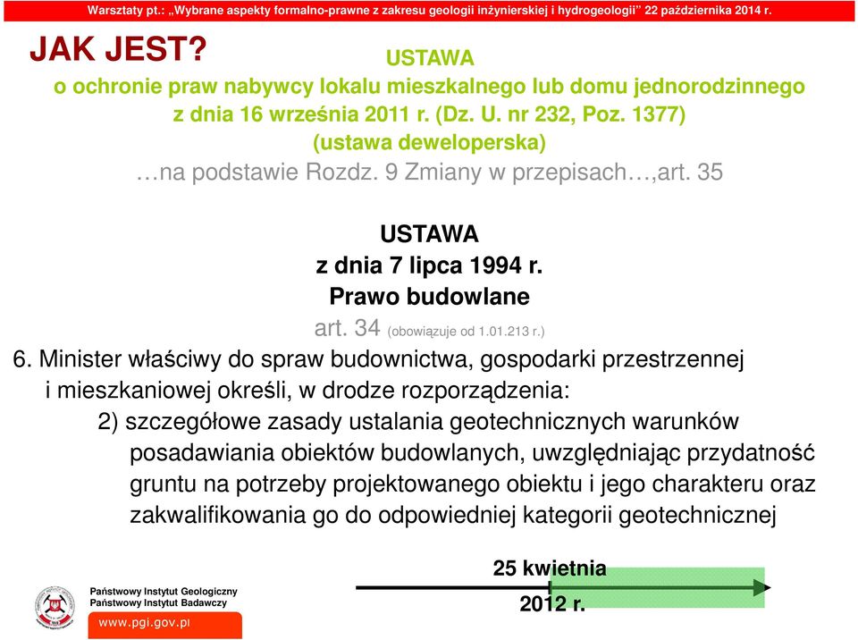Minister właściwy do spraw budownictwa, gospodarki przestrzennej i mieszkaniowej określi, w drodze rozporządzenia: 2) szczegółowe zasady ustalania geotechnicznych