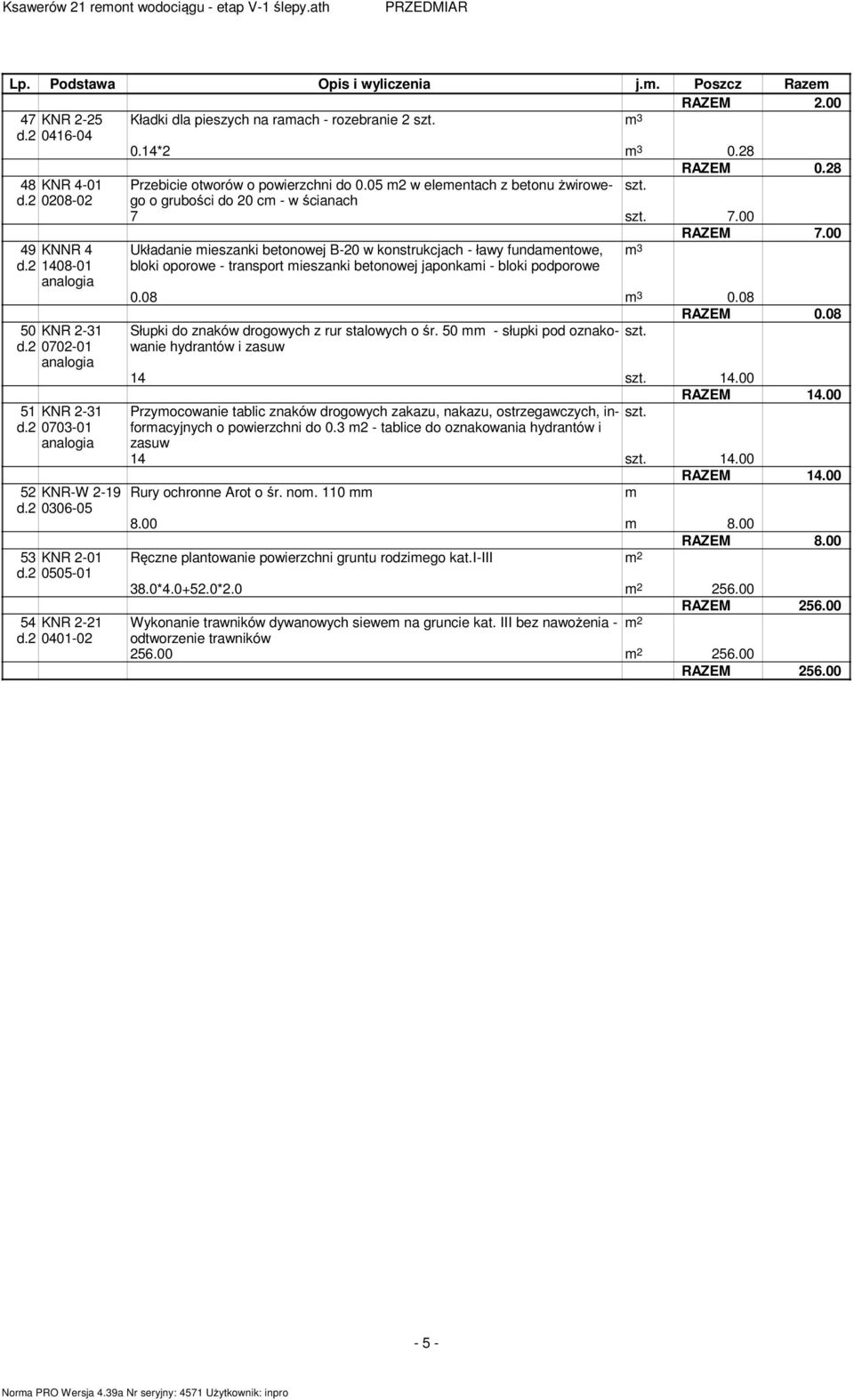 00 49 KNNR 4 Układanie mieszanki betonowej B-20 w konstrukcjach - ławy fundamentowe, m 3 1408-01 bloki oporowe - transport mieszanki betonowej japonkami - bloki podporowe 0.08 m 3 0.