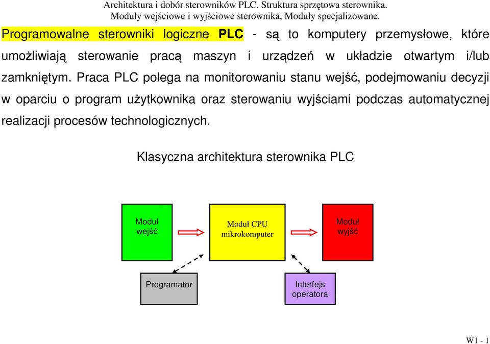 Praca PLC polega na monitorowaniu stanu wejść, podejmowaniu decyzji w oparciu o program użytkownika oraz sterowaniu