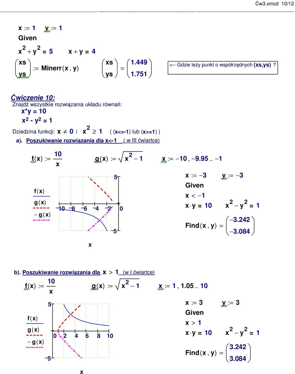 Poszukiwanie rozwiązania dla <-1 f( ) f( ) g( ) ( w III ćwiartce) : g( ) : 2 1 :, 9.