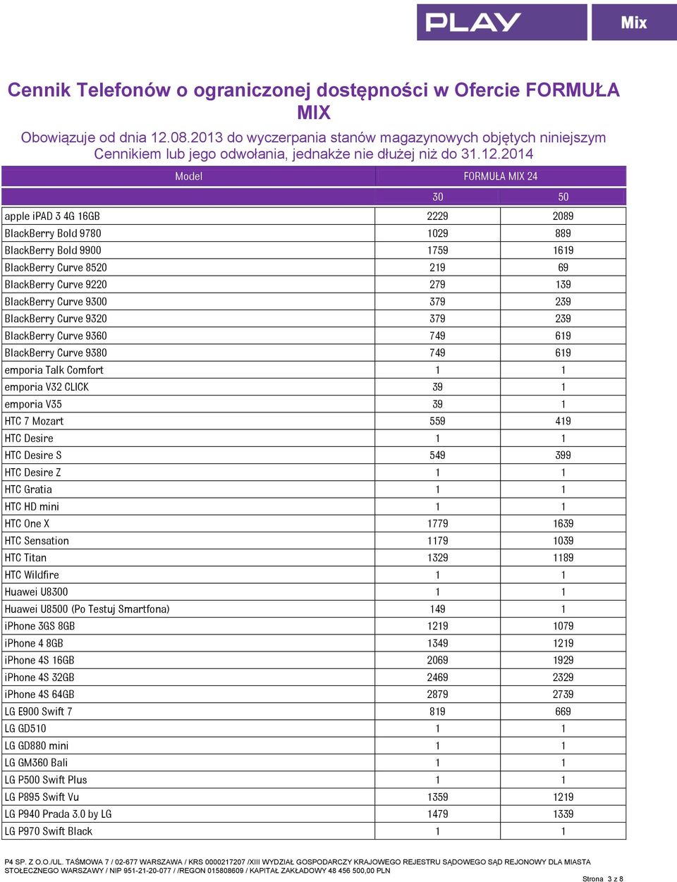 2014 Model FORMUŁA MIX 24 apple ipad 3 4G 16GB 2229 2089 BlackBerry Bold 9780 1029 889 BlackBerry Bold 9900 1759 1619 BlackBerry Curve 8520 219 69 BlackBerry Curve 9220 279 139 BlackBerry Curve 9300
