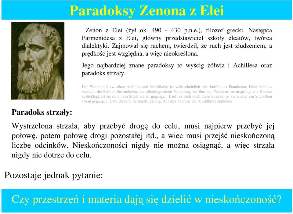 Wystrzelona strzała, aby przebyć drogę do celu, musi najpierw przebyć jej połowę, potem połowę drogi pozostałej itd., a wiec musi przejść nieskończoną liczbę odcinków.