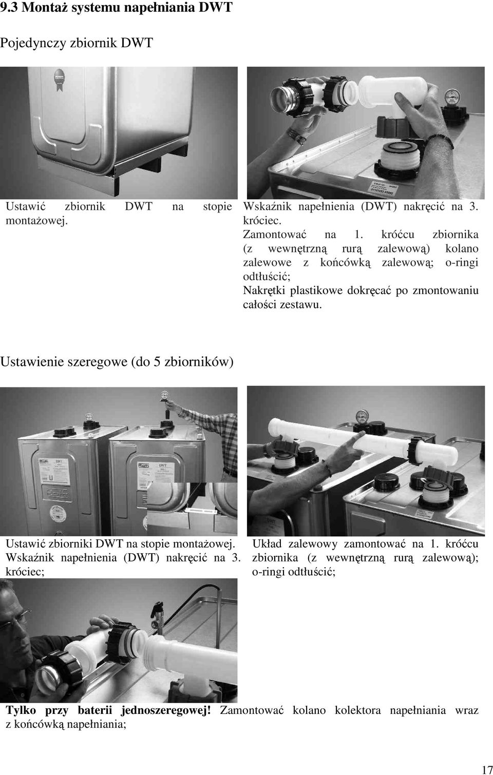 króćcu zbiornika (z wewnętrzną rurą zalewową) kolano zalewowe z końcówką zalewową; o-ringi odtłuścić; Nakrętki plastikowe dokręcać po zmontowaniu całości zestawu.