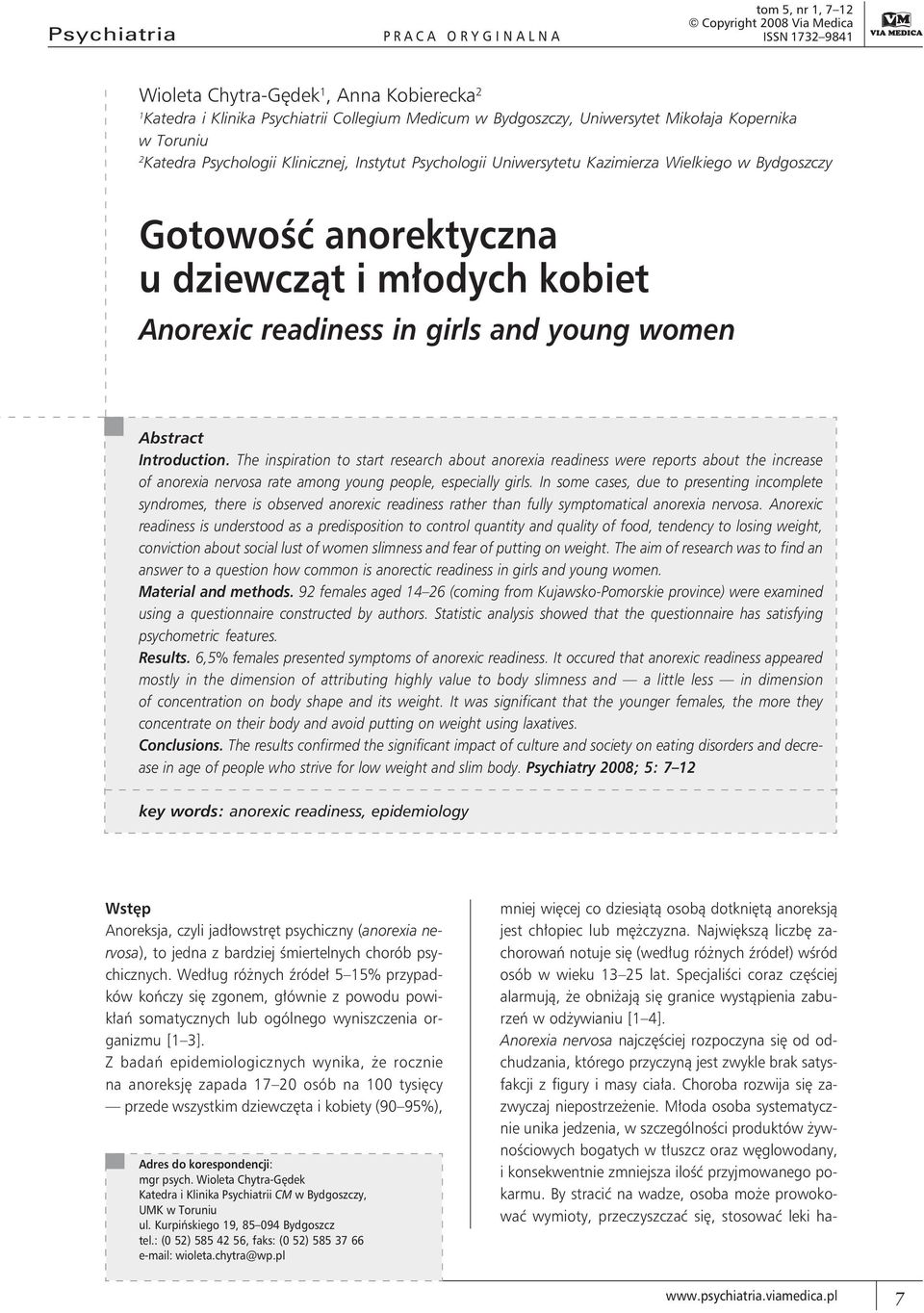 Anorexic readiness in girls and young women Abstract Introduction.