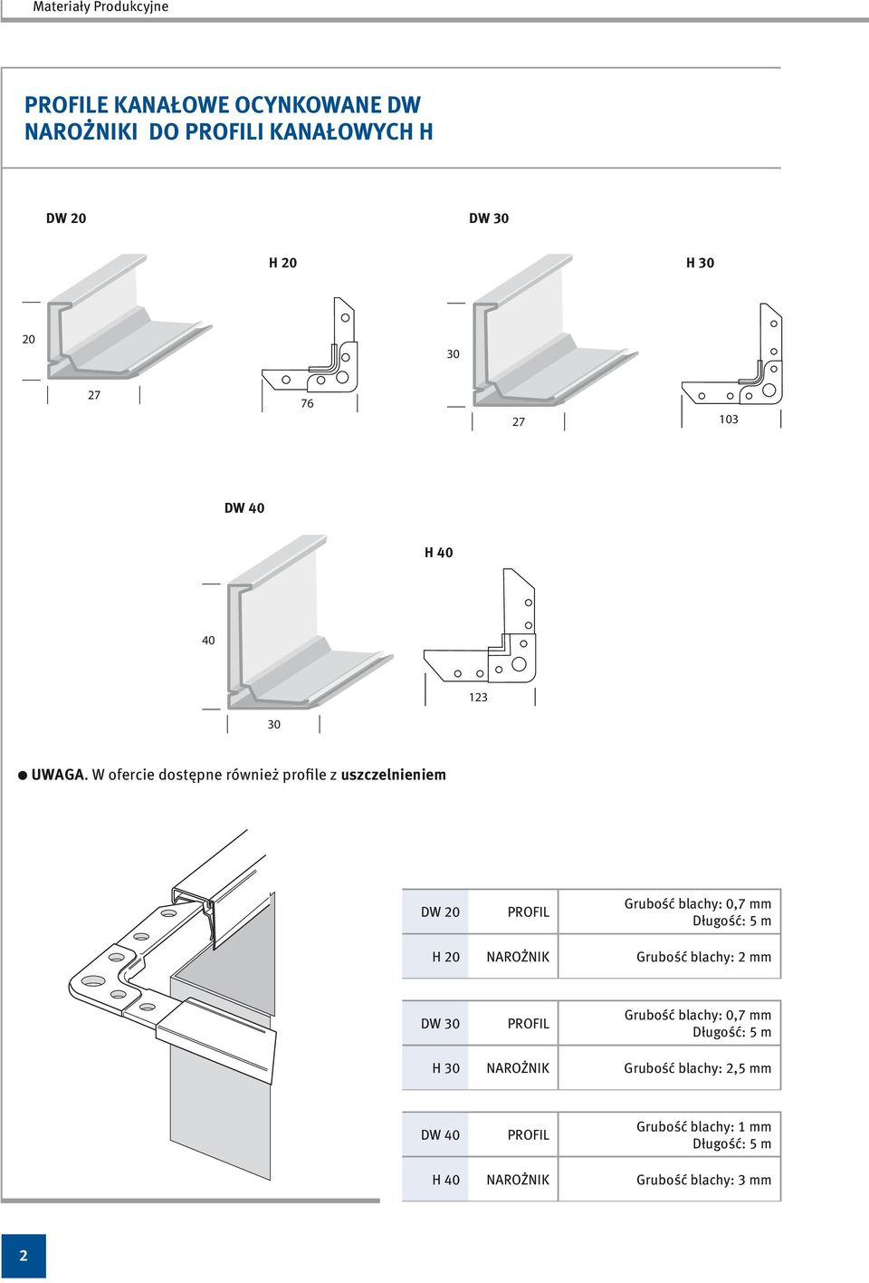 W ofercie dostępne również profile z uszczelnieniem DW 20 PROFIL Grubość blachy: 0,7 mm Długość: 5 m H 20
