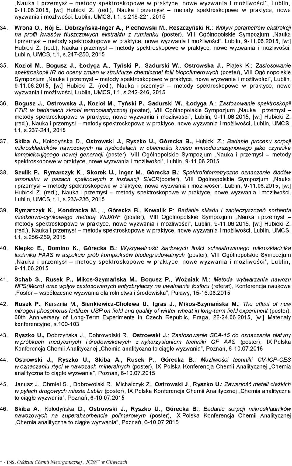 : Wpływ parametrów ekstrakcji na profil kwasów tłuszczowych ekstraktu z rumianku (poster), VIII Ogólnopolskie Sympozjum ), Nauka i przemysł metody spektroskopowe w praktyce, nowe wyzwania i