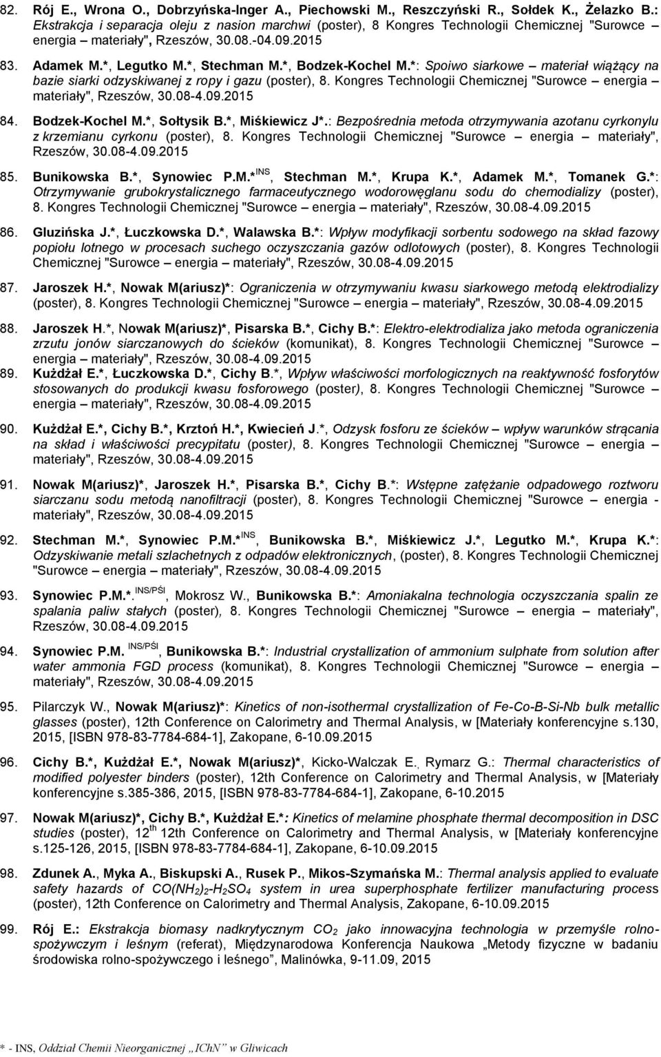*, Bodzek-Kochel M.*: Spoiwo siarkowe materiał wiążący na bazie siarki odzyskiwanej z ropy i gazu (poster), 8. Kongres Technologii Chemicznej "Surowce energia 84. Bodzek-Kochel M.*, Sołtysik B.