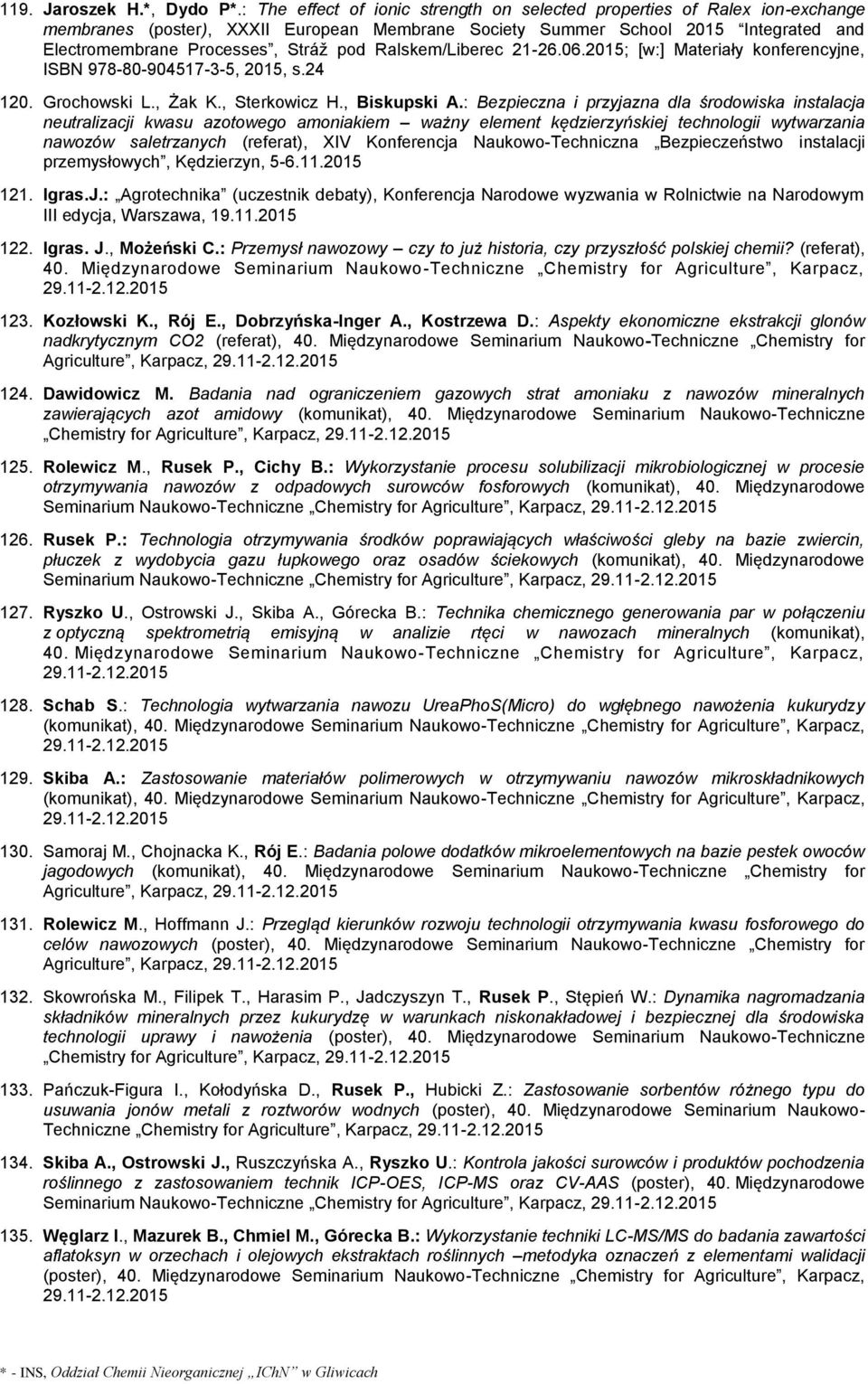 Ralskem/Liberec 21-26.06.2015; [w:] Materiały konferencyjne, ISBN 978-80-904517-3-5, 2015, s.24 120. Grochowski L., Żak K., Sterkowicz H., Biskupski A.