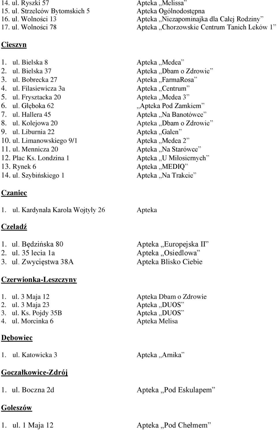 ul. Hallera 45 Apteka Na Banotówce 8. ul. Kolejowa 20 Apteka Dbam o Zdrowie 9. ul. Liburnia 22 Apteka Galen 10. ul. Limanowskiego 9/1 Apteka Medea 2 11. ul. Mennicza 20 Apteka Na Starówce 12. Plac Ks.