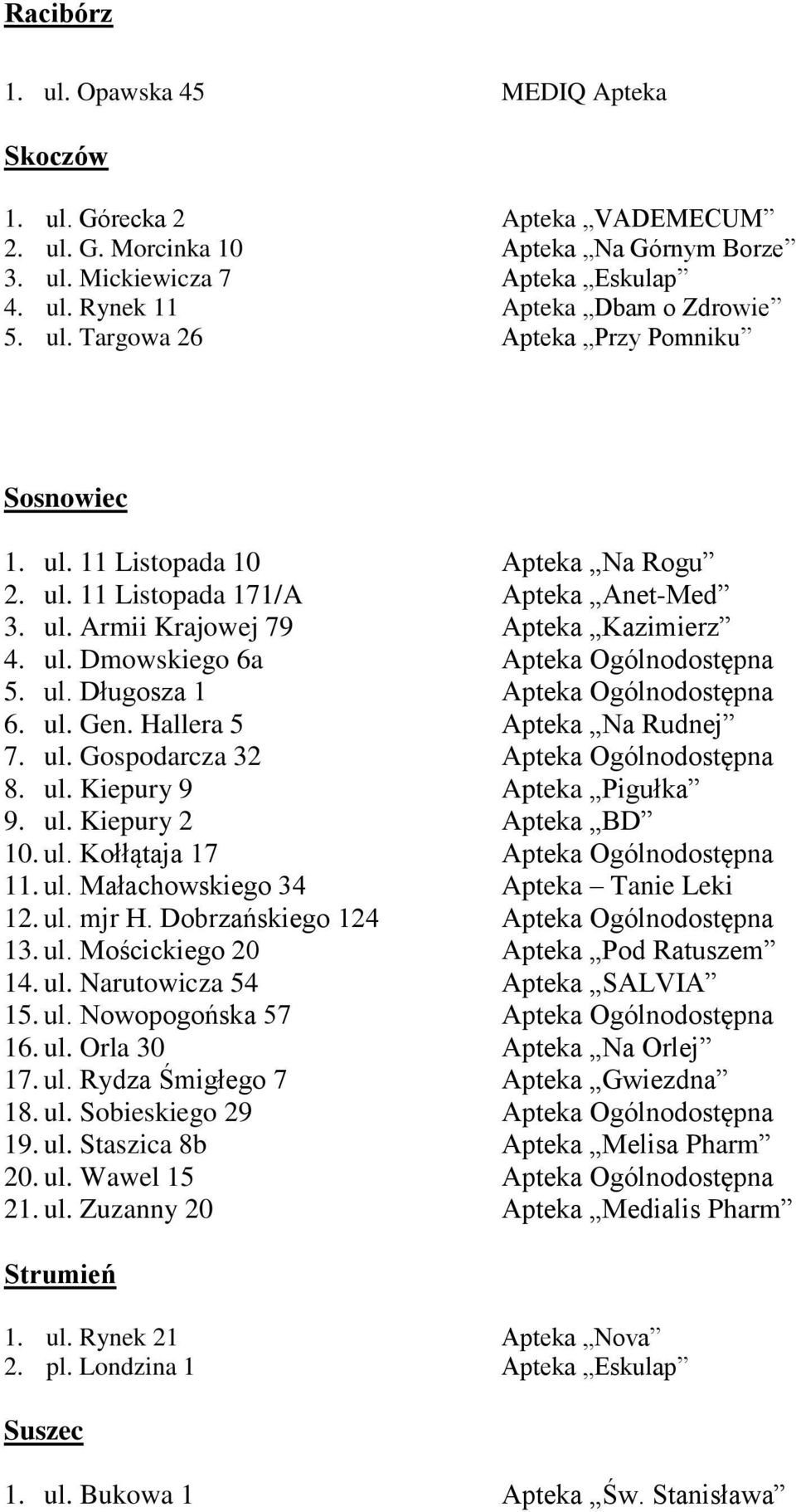 ul. Długosza 1 Apteka Ogólnodostępna 6. ul. Gen. Hallera 5 Apteka Na Rudnej 7. ul. Gospodarcza 32 Apteka Ogólnodostępna 8. ul. Kiepury 9 Apteka Pigułka 9. ul. Kiepury 2 Apteka BD 10. ul. Kołłątaja 17 Apteka Ogólnodostępna 11.