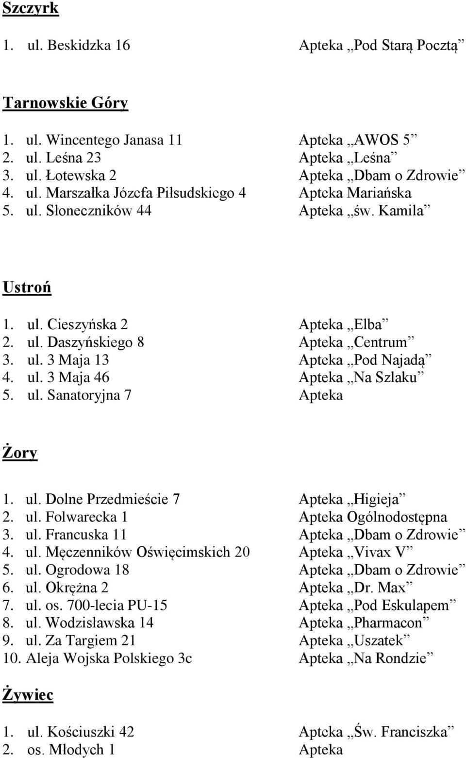 ul. Dolne Przedmieście 7 Apteka Higieja 2. ul. Folwarecka 1 Apteka Ogólnodostępna 3. ul. Francuska 11 Apteka Dbam o Zdrowie 4. ul. Męczenników Oświęcimskich 20 Apteka Vivax V 5. ul. Ogrodowa 18 Apteka Dbam o Zdrowie 6.