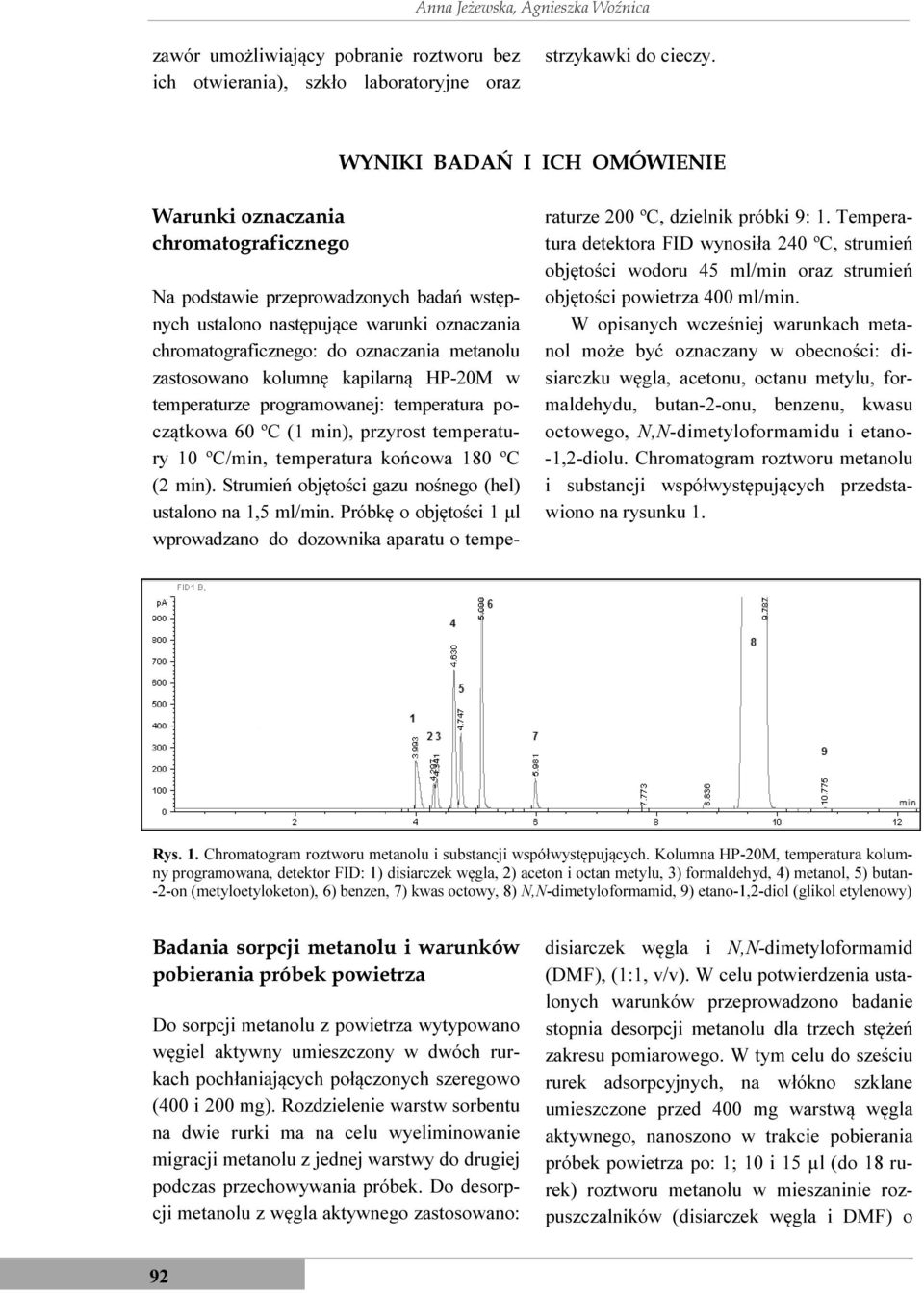 zastosowano kolumnę kapilarną HP-20M w temperaturze programowanej: temperatura początkowa 60 ºC ( min), przyrost temperatury 0 ºC/min, temperatura końcowa 80 ºC (2 min).