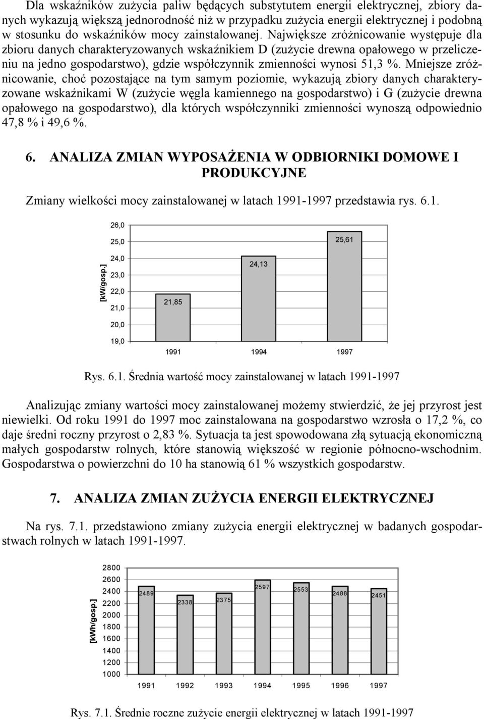 Największe zróżnicowanie występuje dla zbioru danych charakteryzowanych wskaźnikiem D (zużycie drewna opałowego w przeliczeniu na jedno gospodarstwo), gdzie współczynnik zmienności wynosi 5,3 %.