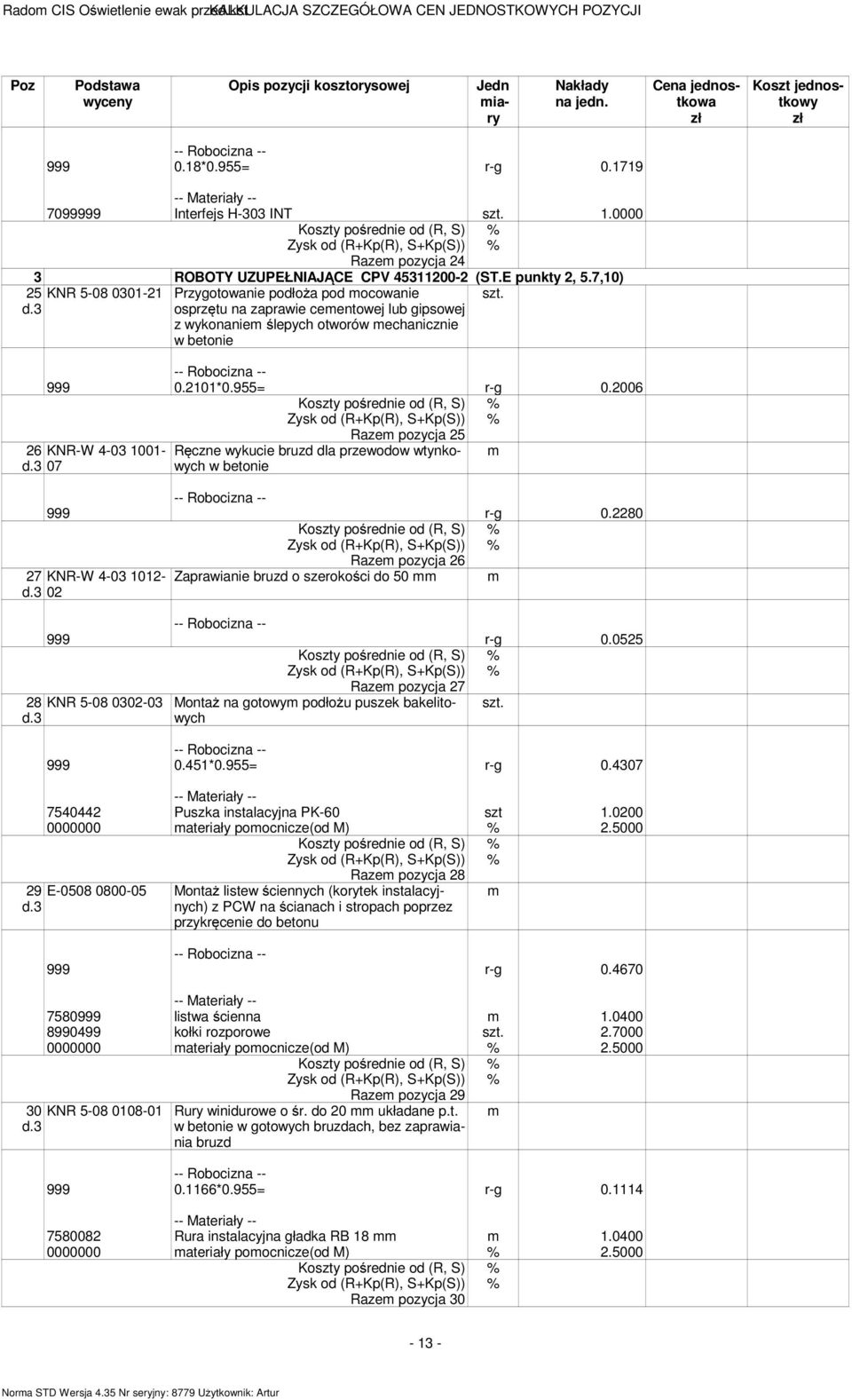 3 KNR 5-08 0301-21 Przygotowanie podłoża pod ocowanie osprzętu na zaprawie ceentowej lub gipsowej z wykonanie ślepych otworów echanicznie w betonie 999 0.2101*0.955= r-g 0.