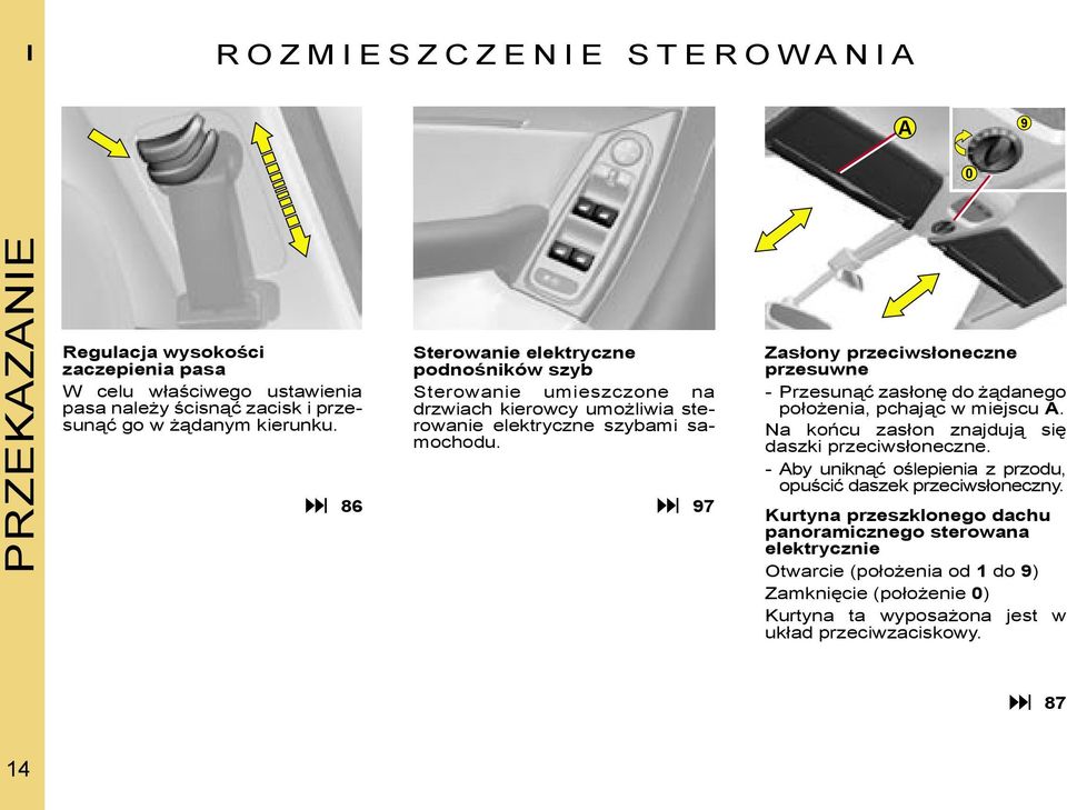 86 97 Zasłony przeciwsłoneczne przesuwne - Przesunąć zasłonę do żądanego położenia, pchając w miejscu A. Na końcu zasłon znajdują się daszki przeciwsłoneczne.