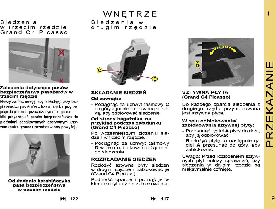 Nie przyczepiać pasów bezpieczeństwa do pierścieni oznakowanych czerwonym krzyżem (patrz rysunek przedstawiony powyżej).