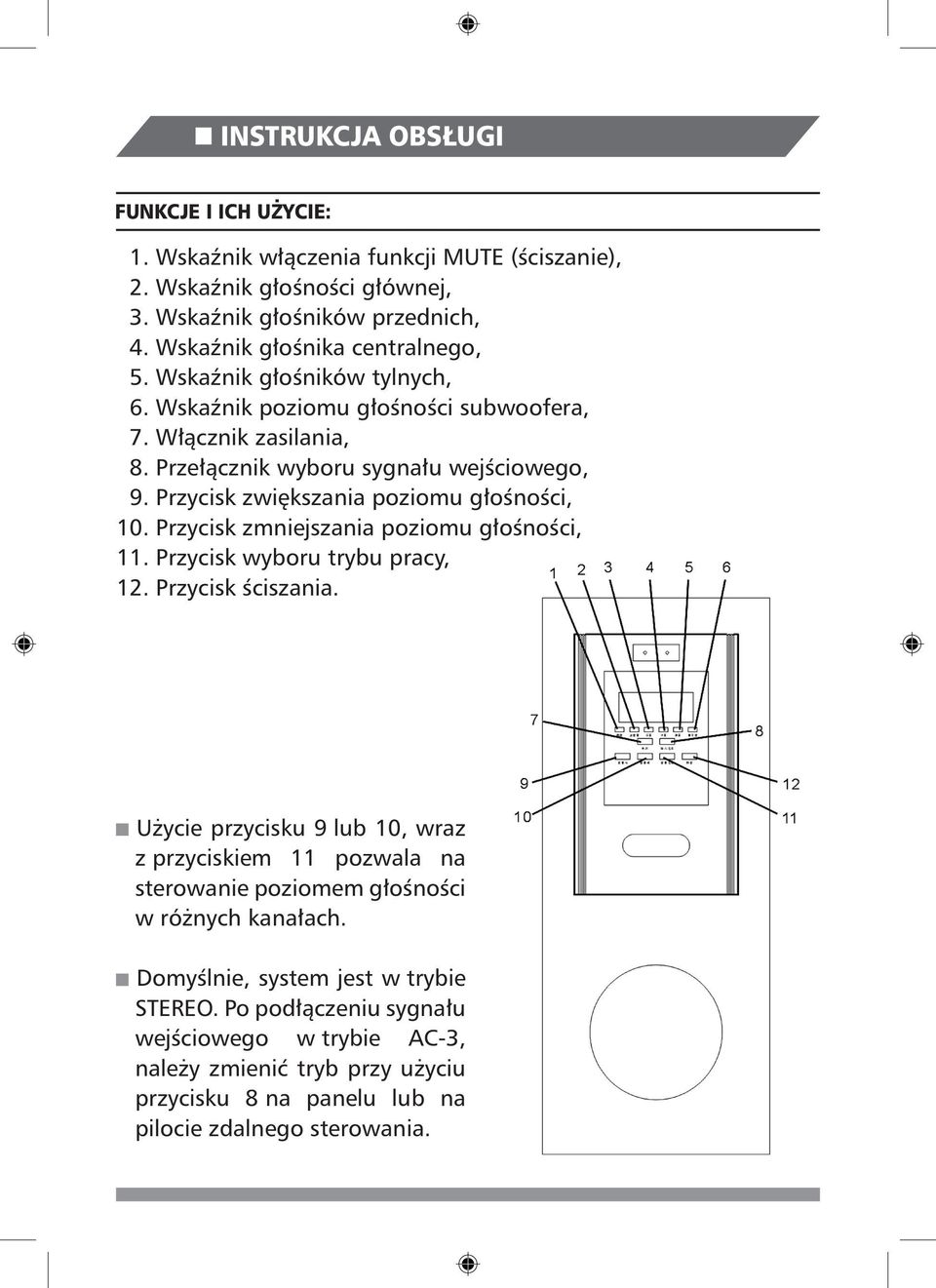 Przycisk zmniejszania poziomu głośności, 11. Przycisk wyboru trybu pracy, 12. Przycisk ściszania.