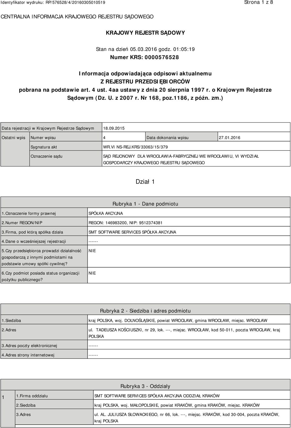 o Krajowym Rejestrze Sądowym (Dz. U. z 2007 r. Nr 168, poz.1186, z późn. zm.) Data rejestracji w Krajowym Rejestrze Sądowym 18.09.2015 Ostatni wpis Numer wpisu 4 Data dokonania wpisu 27.01.2016 Sygnatura akt Oznaczenie sądu WR.